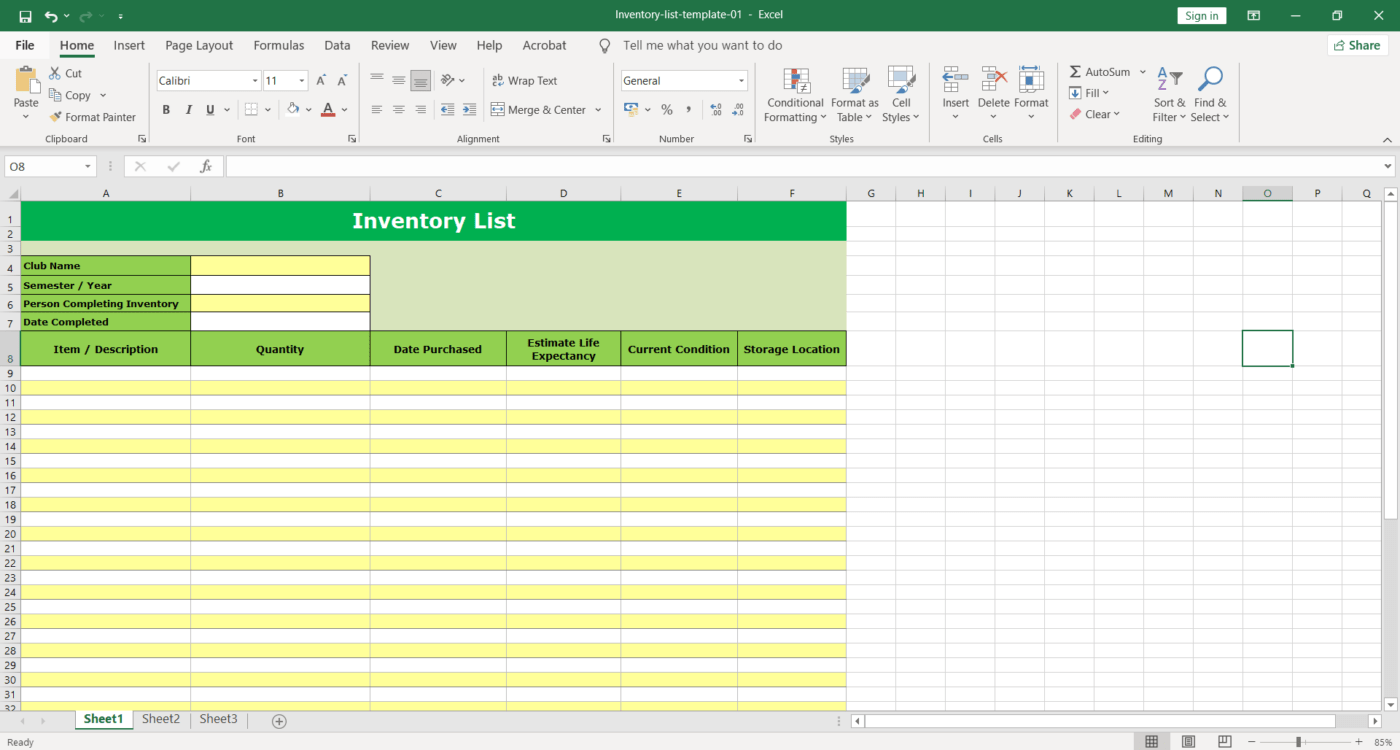 Inventory list template in Excel