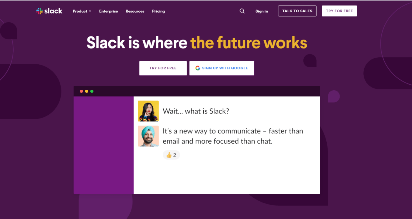 Home page of Slack: Microsoft teams alternative