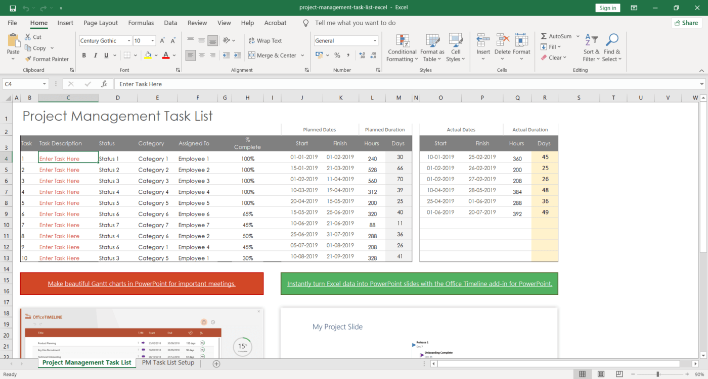 Project management task list template in Excel