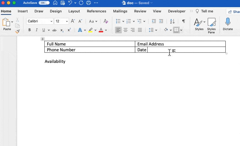 create text fields with tables in word