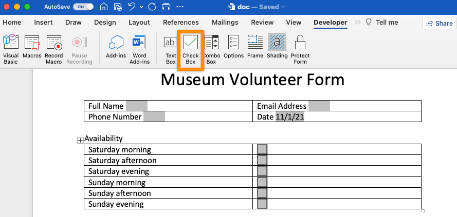 add a check box from the content control field in word