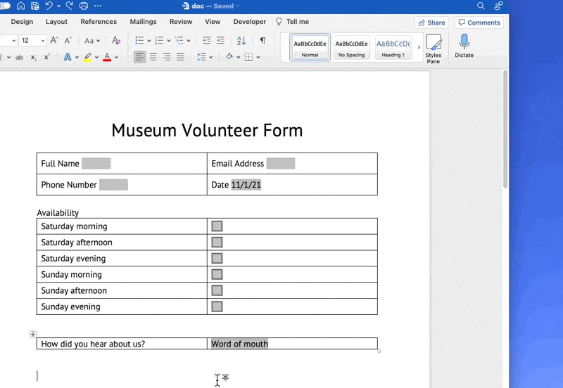 fillable form ms word visual studio