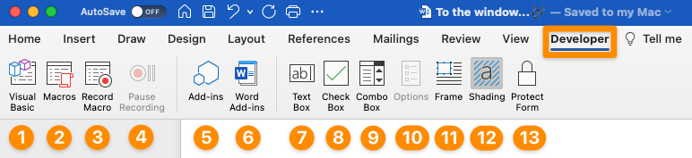 einstellungen der Registerkarte "Entwickler" in Word