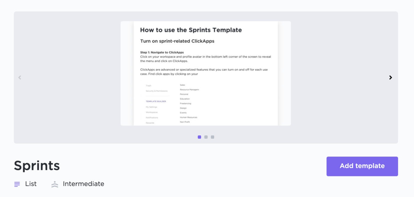 ClickUp's Sprint Template to help with sprints, epics and user stories