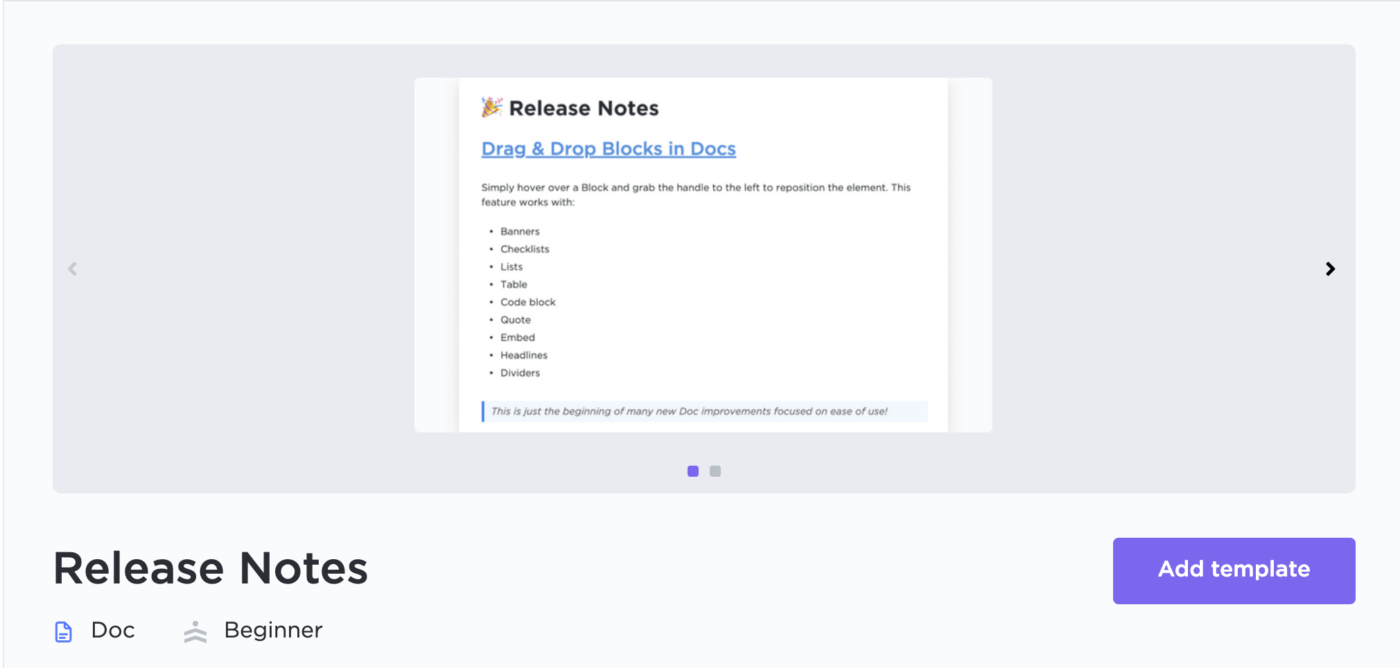 Sjabloon voor Release Notities van ClickUp