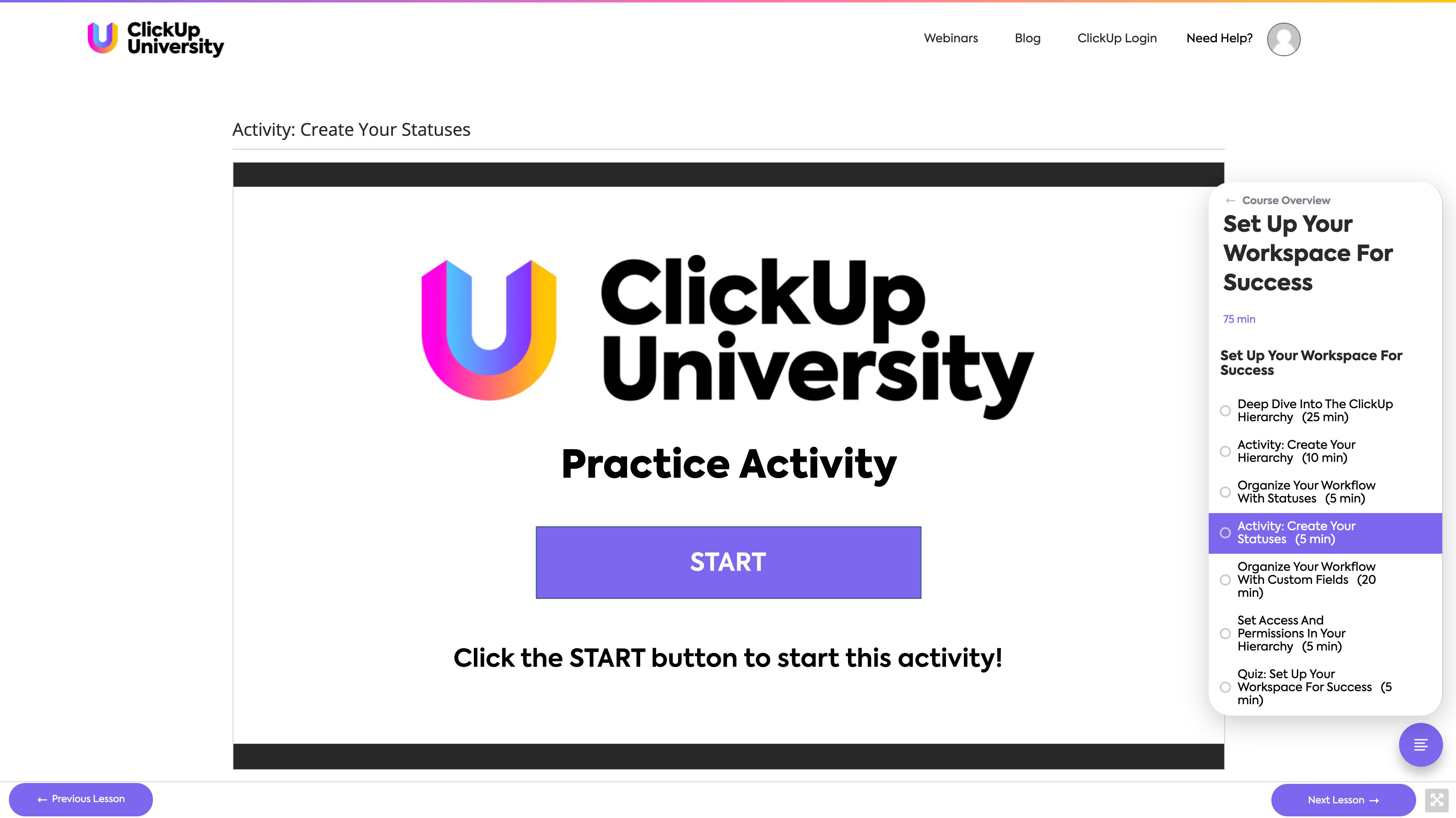 Practice activity in ClickUp University