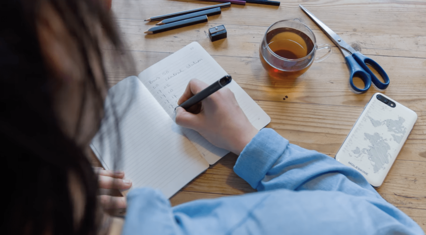 Moleskine Smart Notebook, woman using her smart notebook and enjoying coffee
