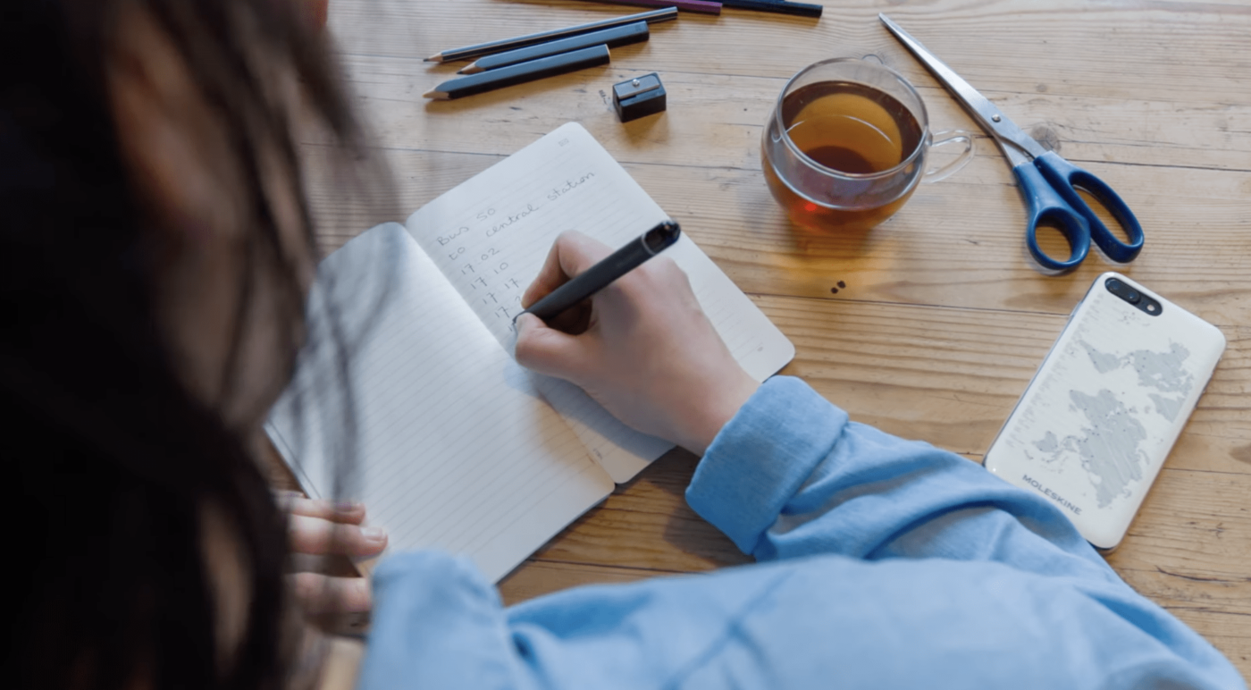 Moleskine Smart Notebook, femme utilisant son smart notebook et dégustant un café