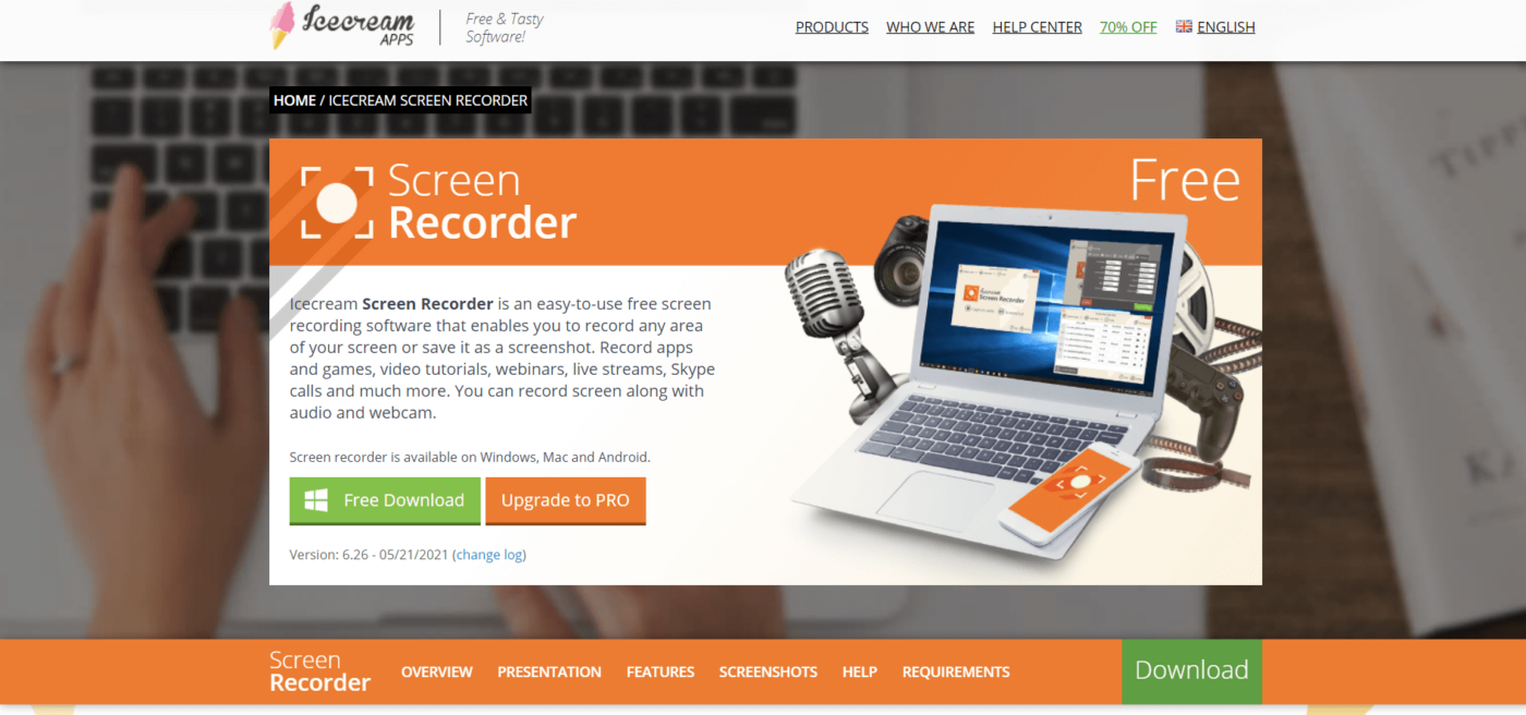 Icecream Screen Recorder home page