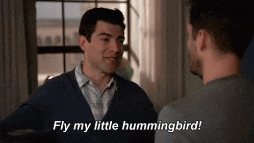 Schmidt from New Girl saying fly my little hummingbird!