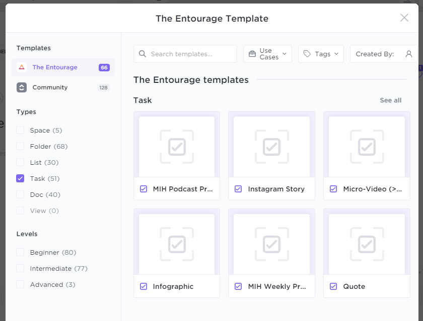 The Entourage templates in ClickUp