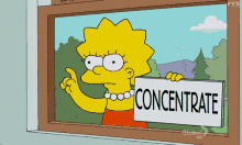 Lisa Simpson tapping on window glass with a sign that says concentrate