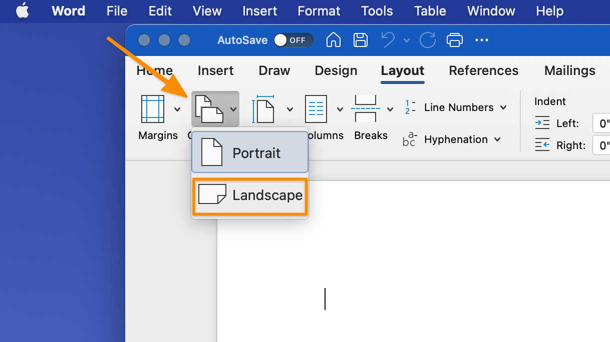 mengubah orientasi halaman menjadi lanskap di Word