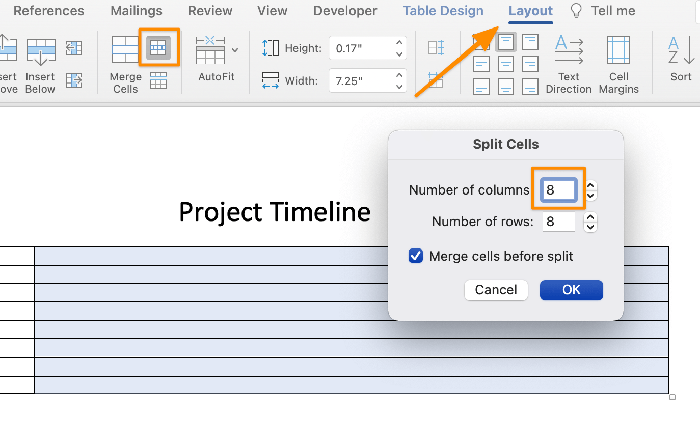 split cells to create the first row in word