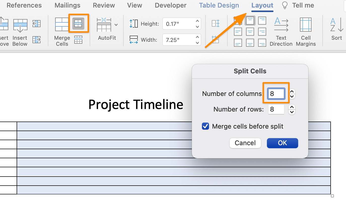 dividir células para criar a primeira linha no word