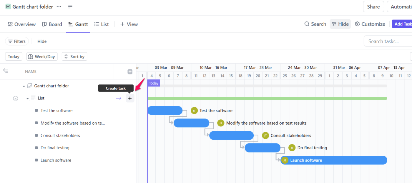 Hinzufügen neuer Aufgaben in einem ClickUp-Gantt-Diagramm