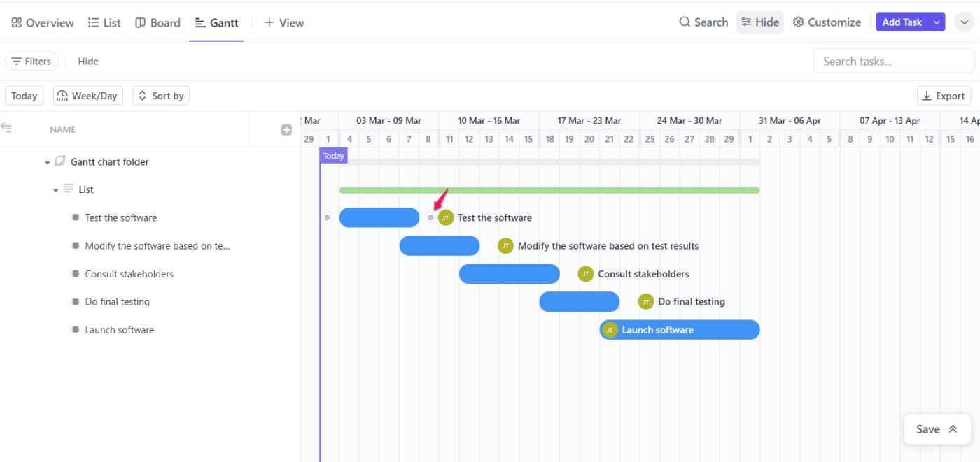 Dependencias de la tarea de ClickUp