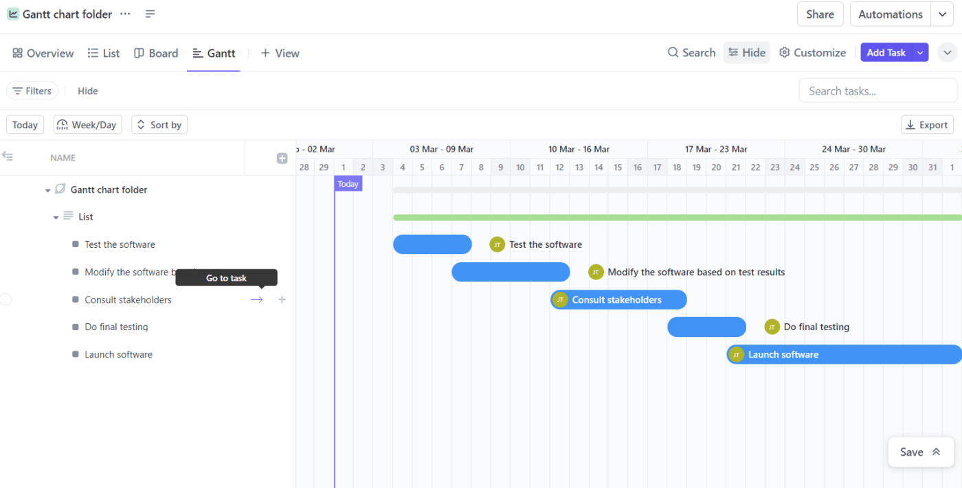 Ejemplo de un (diagrama de) Gantt de ClickUp