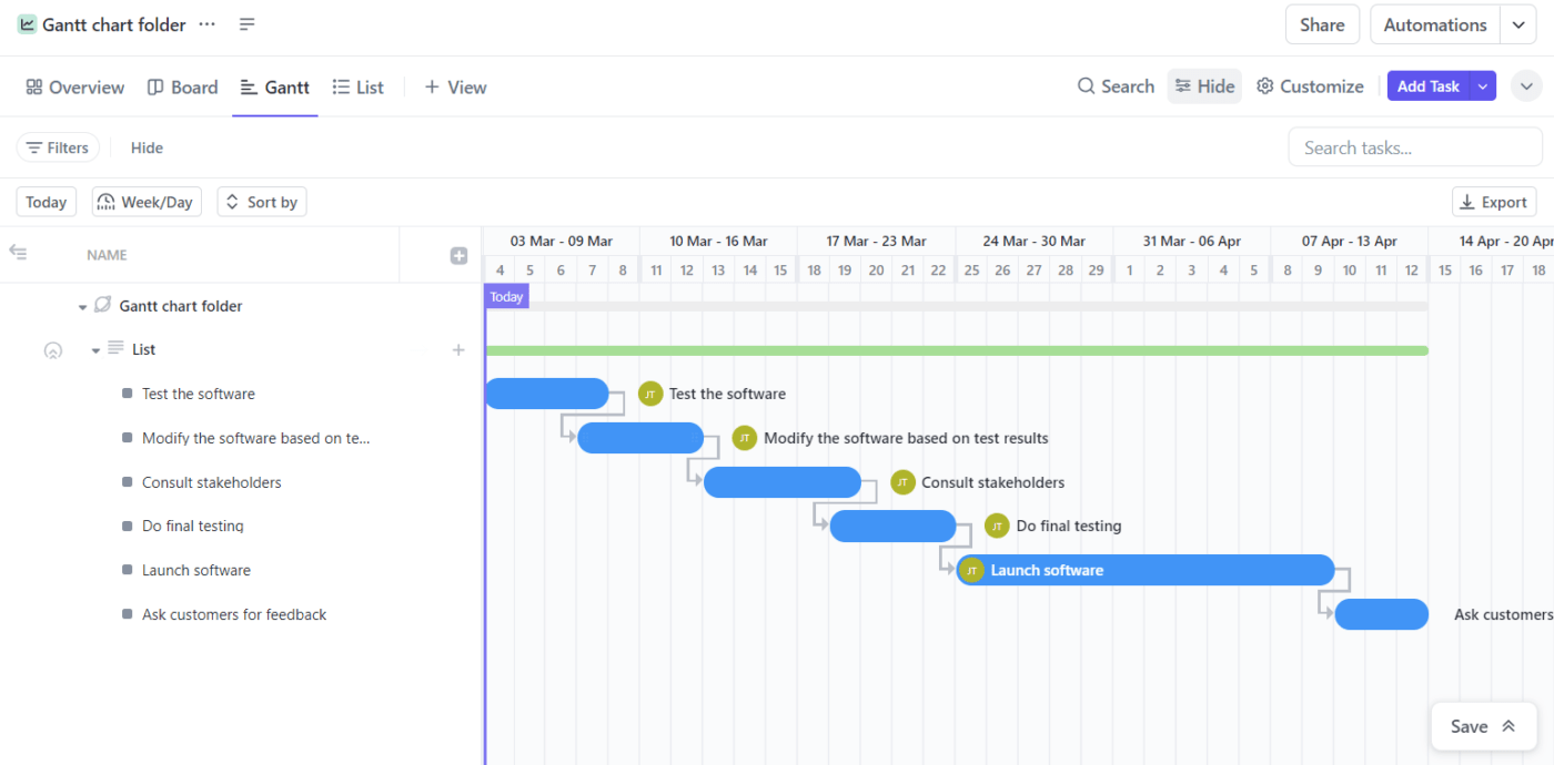 Ask customers for feedback in a ClickUp Gantt Chart