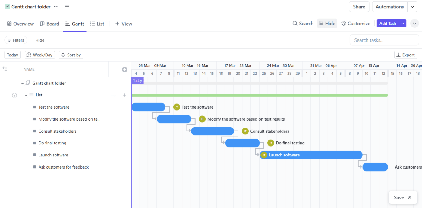 Pedir feedback aos clientes em um gráfico de Gantt do ClickUp