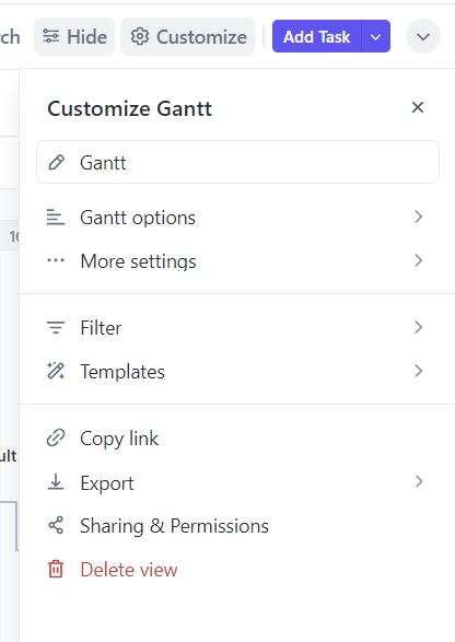 Configurações de personalização do gráfico de Gantt