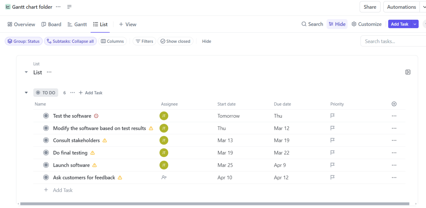 Nuevas tareas en un gráfico de ClickUp Gantt