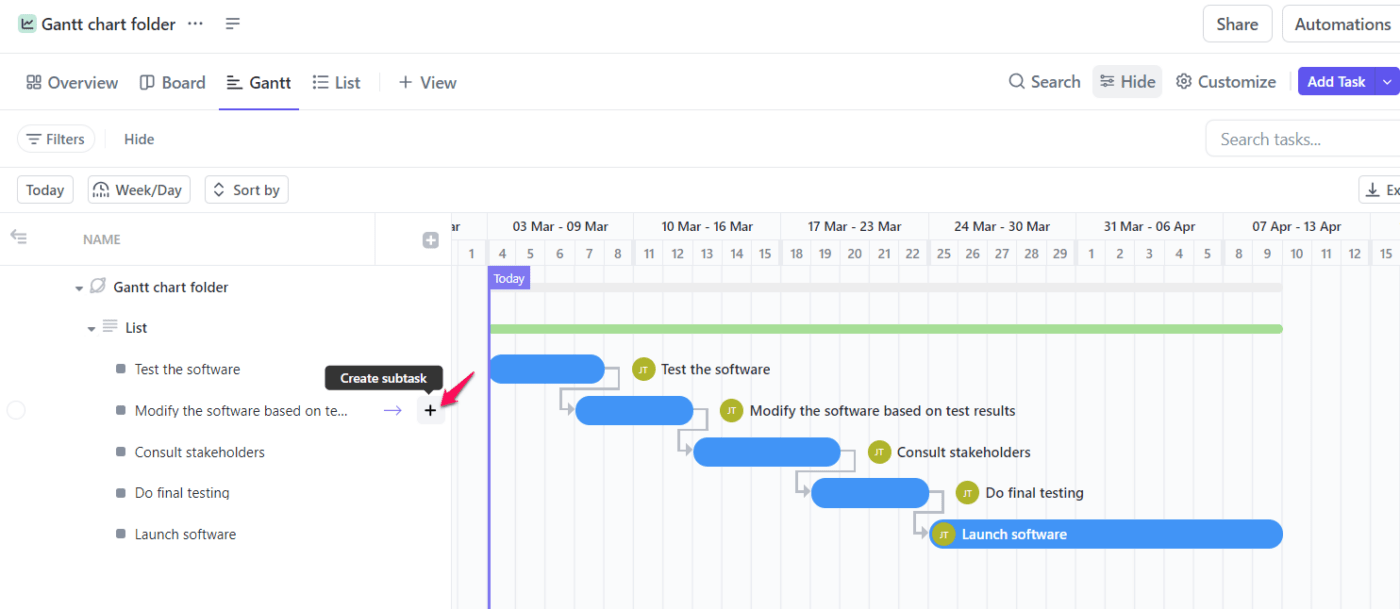 Subtareas en un gráfico de ClickUp Gantt