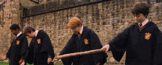 Ron at his first flying lesson at Hogwarts getting hit with the broom when he commands it "up!"