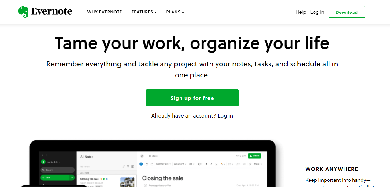 Evernote home page