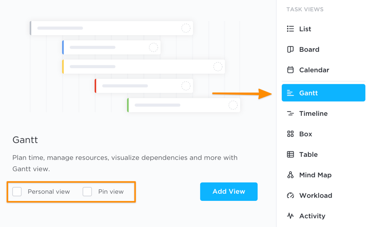 hoe voeg ik een ClickUp gantt weergave toe?