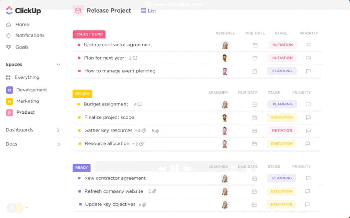example of how to organize projects and tasks in ClickUp