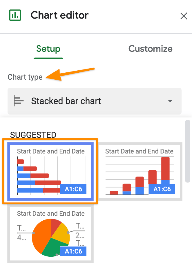 elige el gráfico de barras apiladas en google sheets