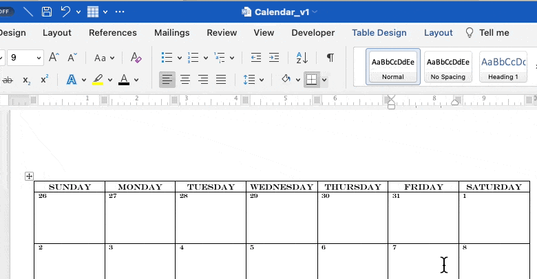 Calendrier Microsoft Word