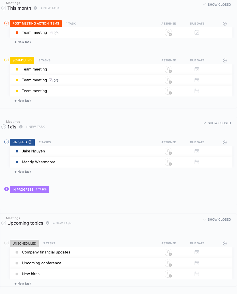 Tableau de bord de l'agenda de la réunion