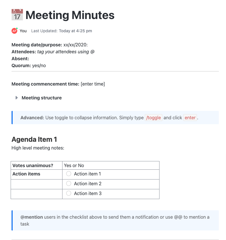 Meeting minutes in ClickUp Docs
