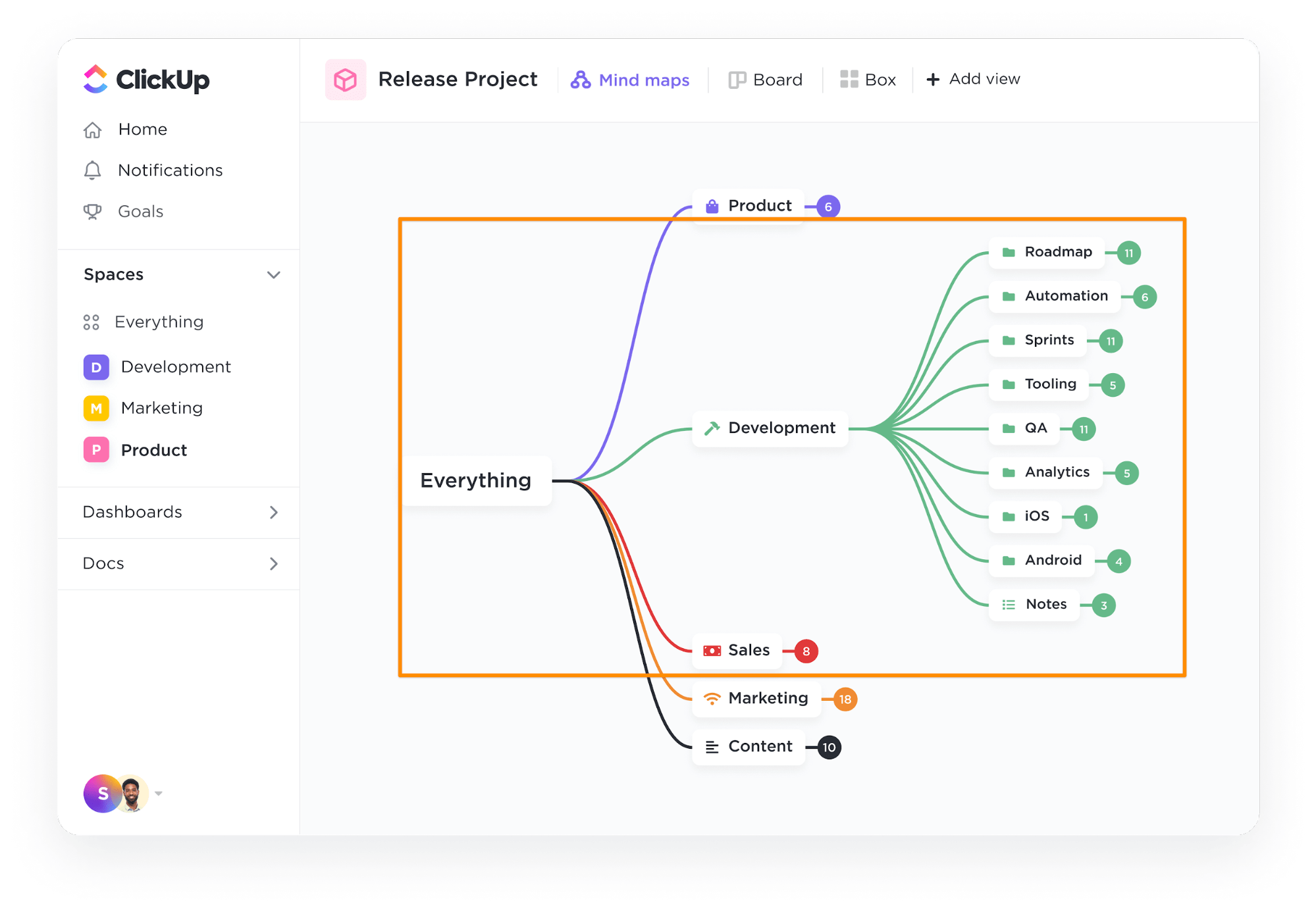 คลิกที่ ClickUp Mind Maps เพื่อสร้างภาพกลยุทธ์การจัดการผลิตภัณฑ์