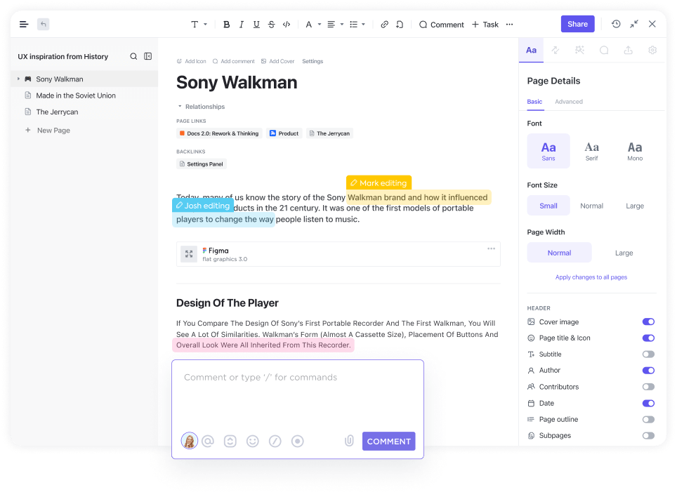 Bewerken en becommentariëren in realtime in ClickUp Docs