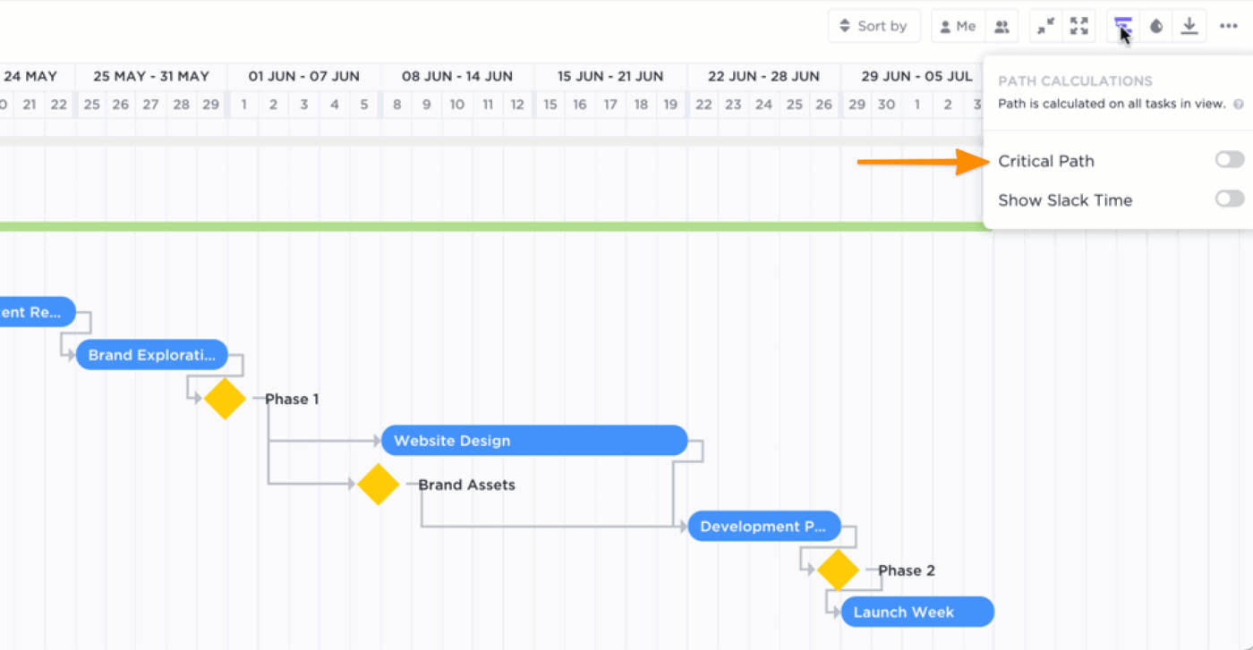 clickup gantt view critical path 