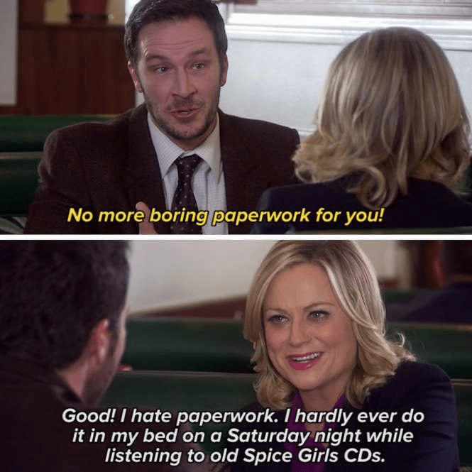 Leslie Knope from Parks and Recreation in a meeting