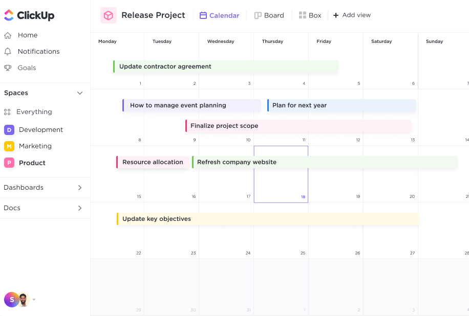 Visualização do calendário no ClickUp