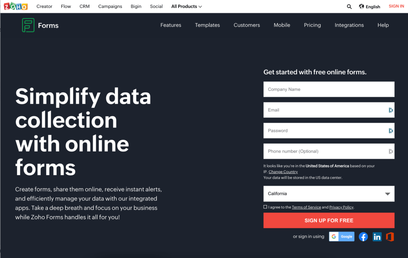 página de inicio de zoho forms