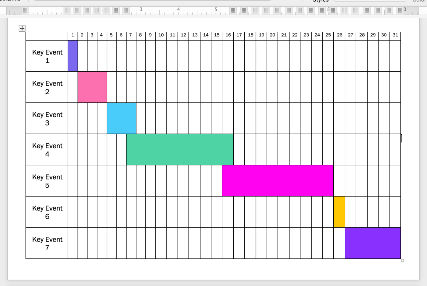 use a color theme to organize events on a timeline in word