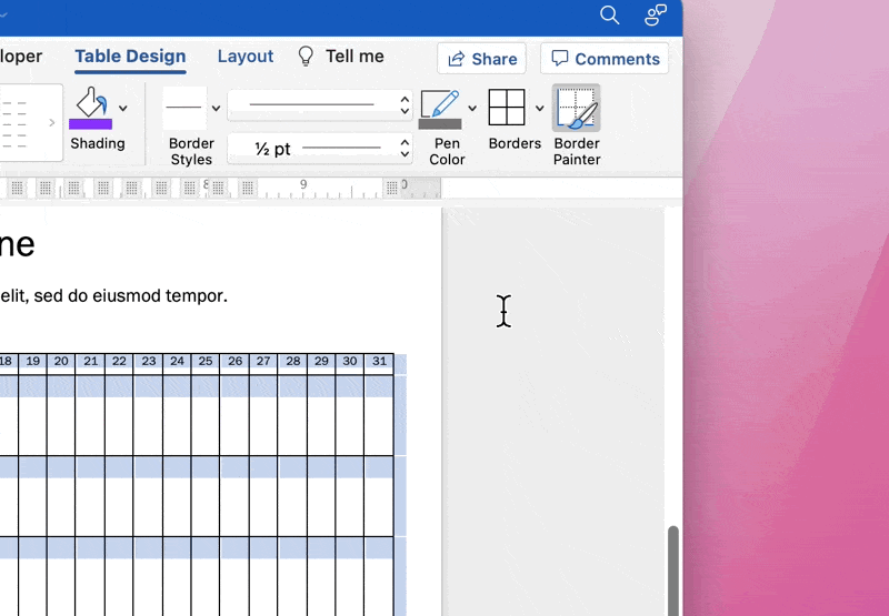 adicionar uma linha de borda pontilhada para um layout de linha do tempo diferente em um documento do Word