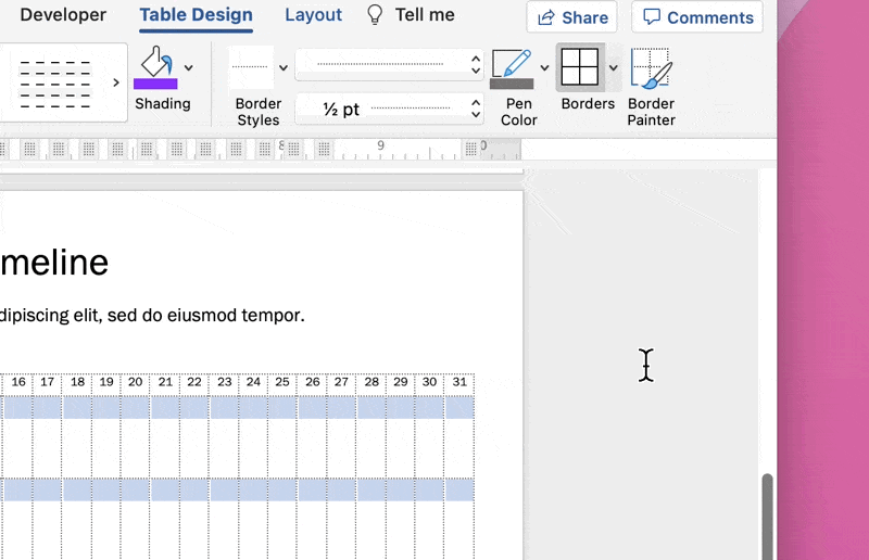 add a line thicker for the outside border for a different timeline layout in a word document