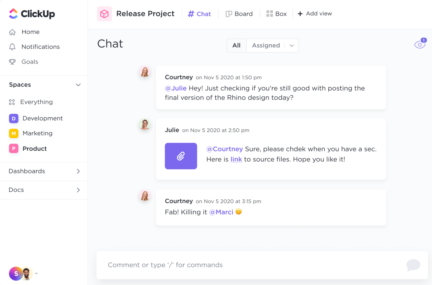 Chat view stores all of your comments in ClickUp