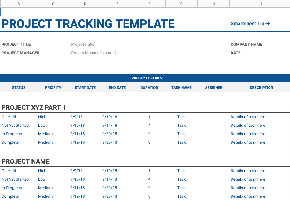 Modèle de suivi de projet Google Sheets