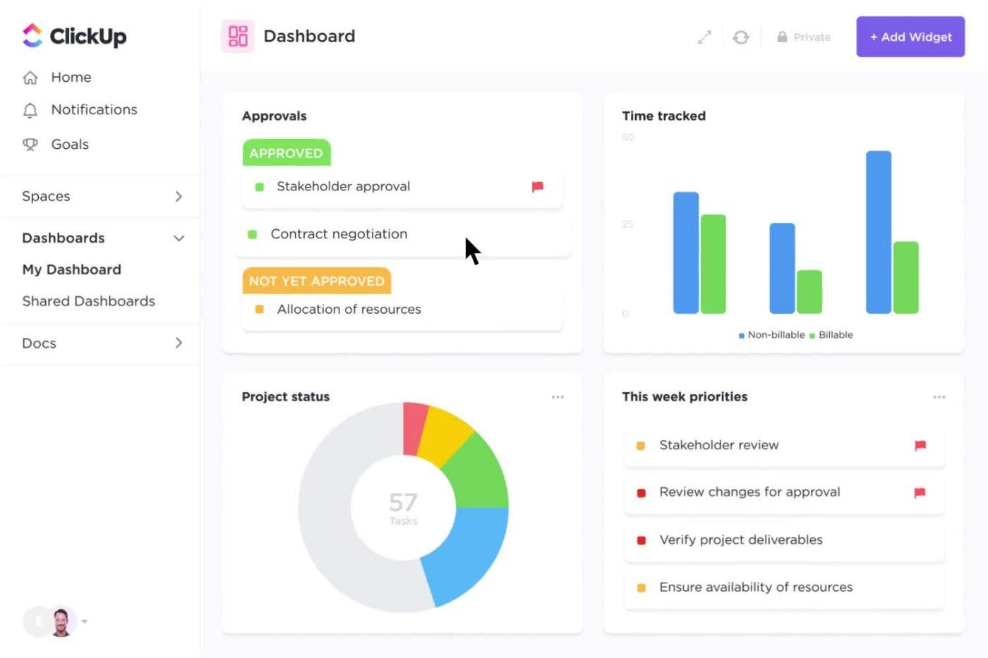 Utilice los paneles de ClickUp para realizar un seguimiento de los esfuerzos de marketing y de los clientes potenciales cualificados, y compártalos con el equipo de ventas y marketing