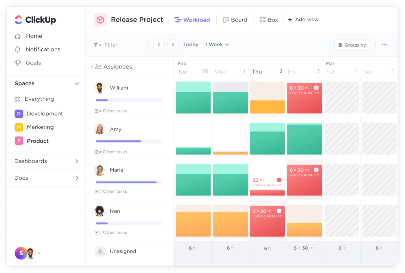 See how your team spends their time with Workload view in ClickUp!