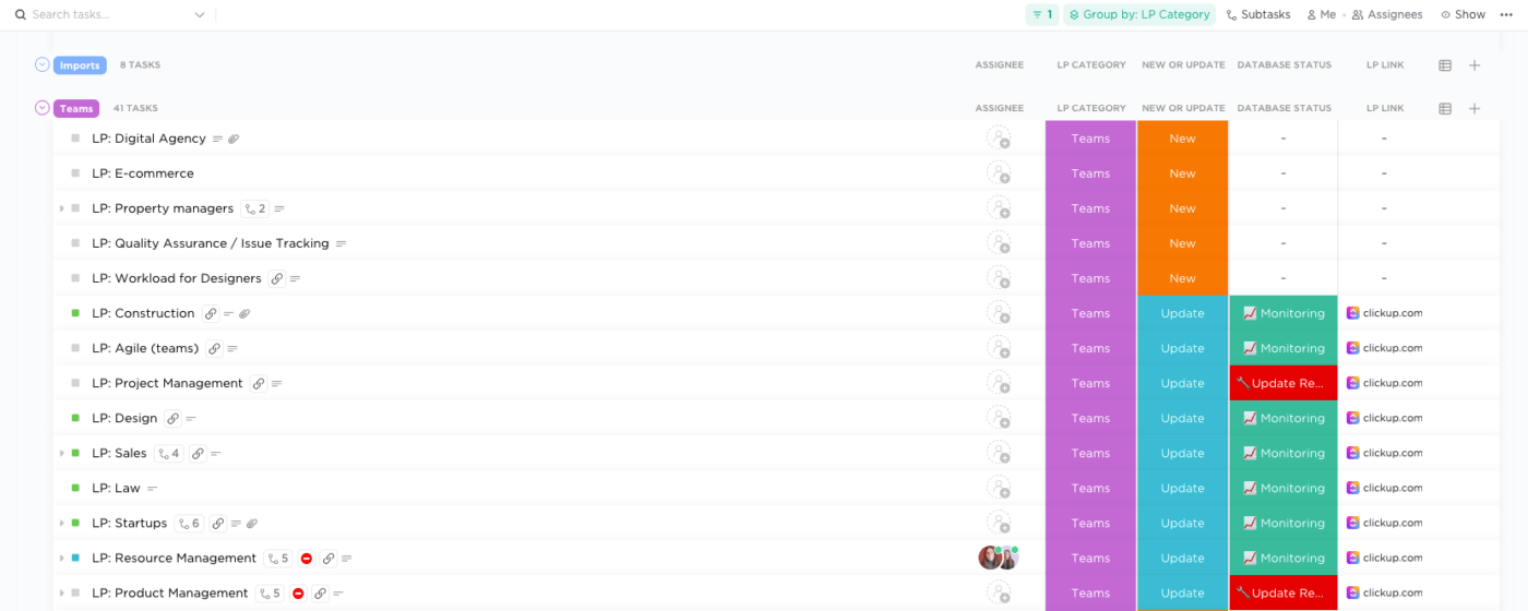 landing page database Table view