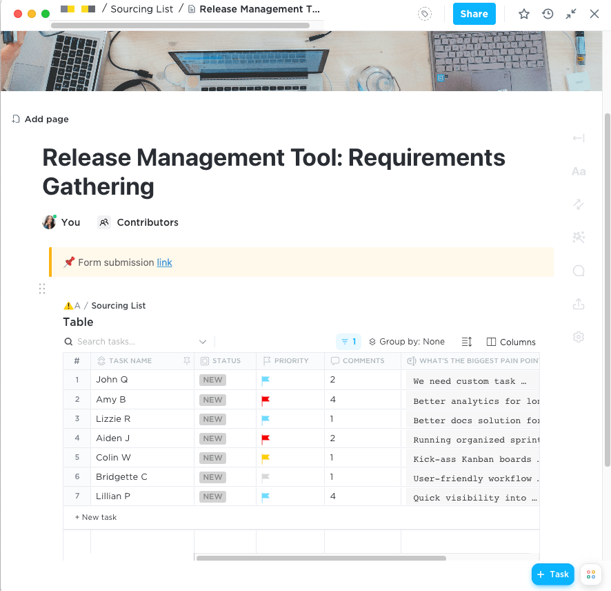 visualize o feedback em um documento clickup para obter insights sobre os requisitos de planejamento de lançamento e processos automatizados da sua equipe